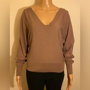 Women Express Brown Long Sleeve V Neck Versatile On Or Off The Shoulder Sweater